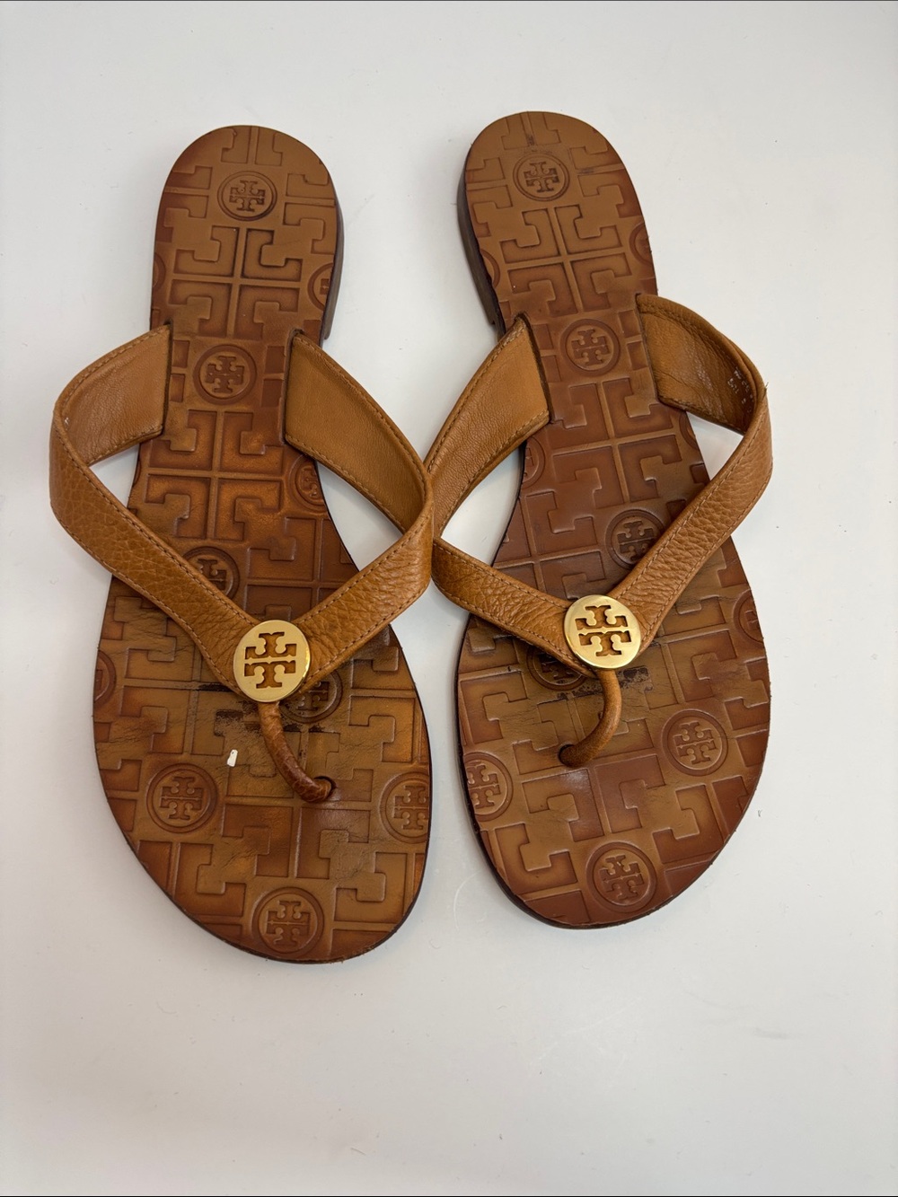 Tory Burch Thora Tan Leather Logo Thong Sandals